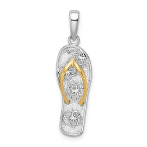 Sterling Silver Rhodium-plated 3D Floral Flip-flop w/14k Straps Pendant - Foto 1 di 4