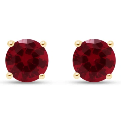 Aretes solitarios de 4 quilates con rubí rojo simulado enchapado en oro amarillo de 14 k Streling Foto 1 de 4