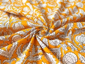 Indian Yellow Floral Hand Block Fabric Dress-Making Cotton Curtain Fabric 7 Yard - Picture 1 of 10