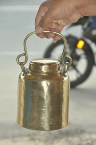 Vintage Line Engraved Cylindrical Shape Handcrafted Brass Oil/Ghee/Milk Pot - Picture 1 of 10