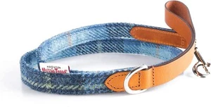 Harris Tweed and Leather Dog Collar and Lead in Blue Tartan - Picture 1 of 2