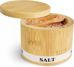 Bamboo Salt Box 8oz – Swivel Lid, Spoon, Magnetic Seal, Labeled Spice Cellar - Picture 1 of 6