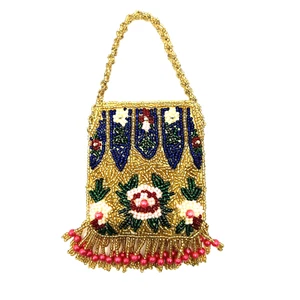 Perlen Mini Tasche Kleingeld Geldbörse gefüttert mit Druckknopfverschluss Fransen gold blau grün - Bild 1 von 9