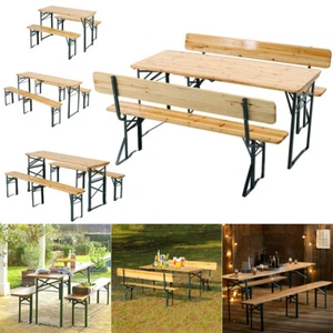 Folding Wooden Beer Table and Bench Trestle Garden Dining Bistro Desk AND Chairs - Picture 1 of 45
