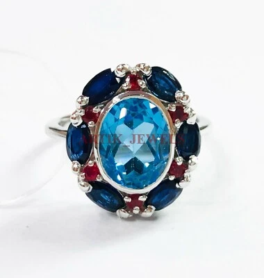 Blauer Topas & Geheizter Saphir & Rubin Mit 925 Sterlingsilber Damenring #3831 - Bild 1 von 4