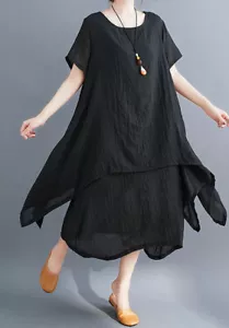 Abbigliamento donna cotone lino orlo irregolare maxi abito collo rotondo manica corta - Foto 1 di 5
