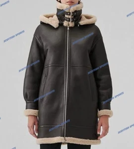 New Women's RAF B3 Brown Real Leather Sheepskin Removable Hooded Shearling Coat - Picture 1 of 5