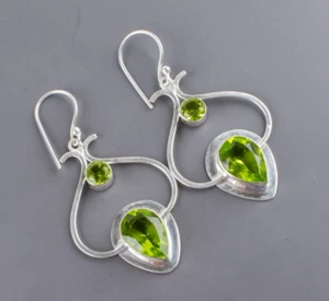 Peridot Gemstone Dangle Earrings 925 Sterling Silver Handmade Jewelry For Girl's - Picture 1 of 5