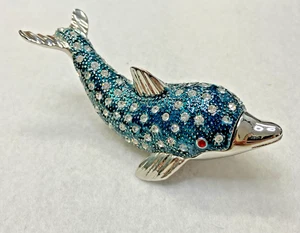 Aqua Dolphin Rhinestone Jewelry Box Magnetic Close Home Decor Blue Enamel Inside - Picture 1 of 15