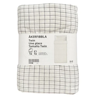 IKEA AKERFIBBLA White & Black Check Twin Duvet Cover & Pillowcase Cotton & Linen - Image 1 of 2