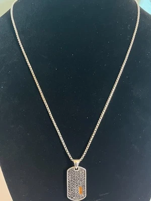 Men's Stainless Steel Simulated Diamonds and Tiger Eye Dog Tag Pendant Necklace - Image 1 of 4