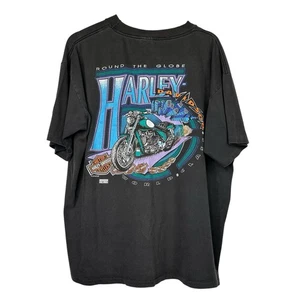 Vintage 90's Harley Davidson Pocket Shirt Black XL Single Stitch Round The Globe - Picture 1 of 7