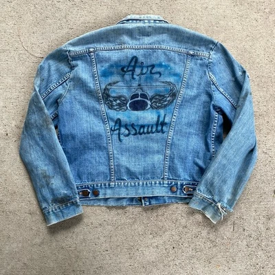 Vintage 70s Wrangler Denim Jacket Large Distressed Airbrush Art "AIR ASSAULT" - Image 1 of 4
