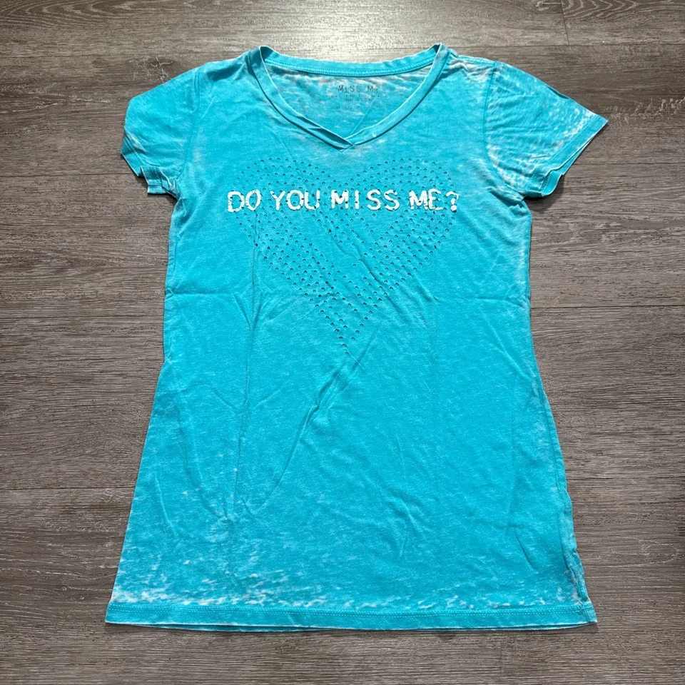 Miss Me Shirt Womens Small Blue Heart Graphic Short Sleeve Tee Burnout Light - Image 1 of 4