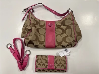 Bolso de hombro Hobo Coach F21873 Signature de lona a rayas rosa con billetera F48810 Foto 1 de 4