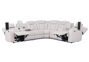 ULTIMATE GREY POWER RECLINING DROP DOWN TABLE SECTIONAL LIVING ROOM FURNITURE - Picture 1 of 8