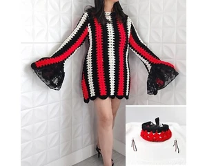 Vintage Upcycle Crochet Mini Dress Set Striped Beetlejuice Bell Sleeve Lace L-1X - Picture 1 of 20