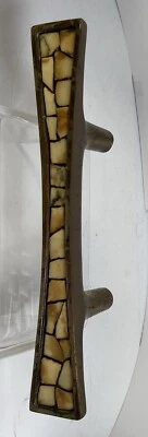 Vtg MCM Brutalist Arts Crafts Heavy Brass Stone Door Handle  - Image 1 of 4