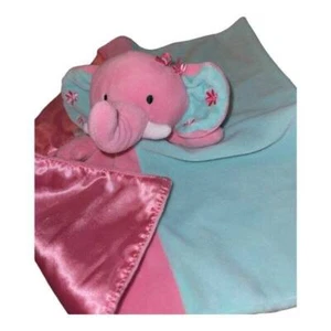 Manta de seguridad Lovey Okie Dokie elefante rosa abrazos azul satinado rellena en blanco - Imagen 1 de 7