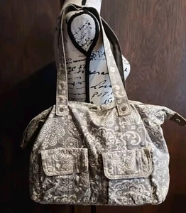 Thirty-One Utility Zipper Tote Bag Gray white floral fabric woodblock organizer - Picture 1 of 8