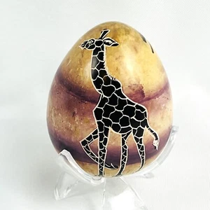 Handcrafted Vintage Kenya Stone Egg Etched Giraffe Design Paperweight - Picture 1 of 6