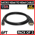 3 PCS 6 Feet Micro HDMI Cable Male Type D HDMI Cord 4K 1080p  HDTV GoPro Camera