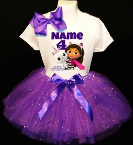 Gabby's Dollhouse Tutu-With NAME- 4 fourth 4th Birthday Tutu Outfit Purple Shirt - Picture 1 of 3