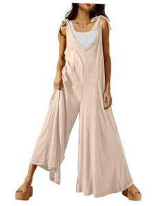 Women's Summer Causal Jumpsuits Sleeveless Wide Leg Long Rompers Large Apricot - Picture 1 of 7