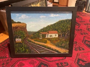Oil on canvas old gas station by railroad tracks in West Virginia original - Picture 1 of 1