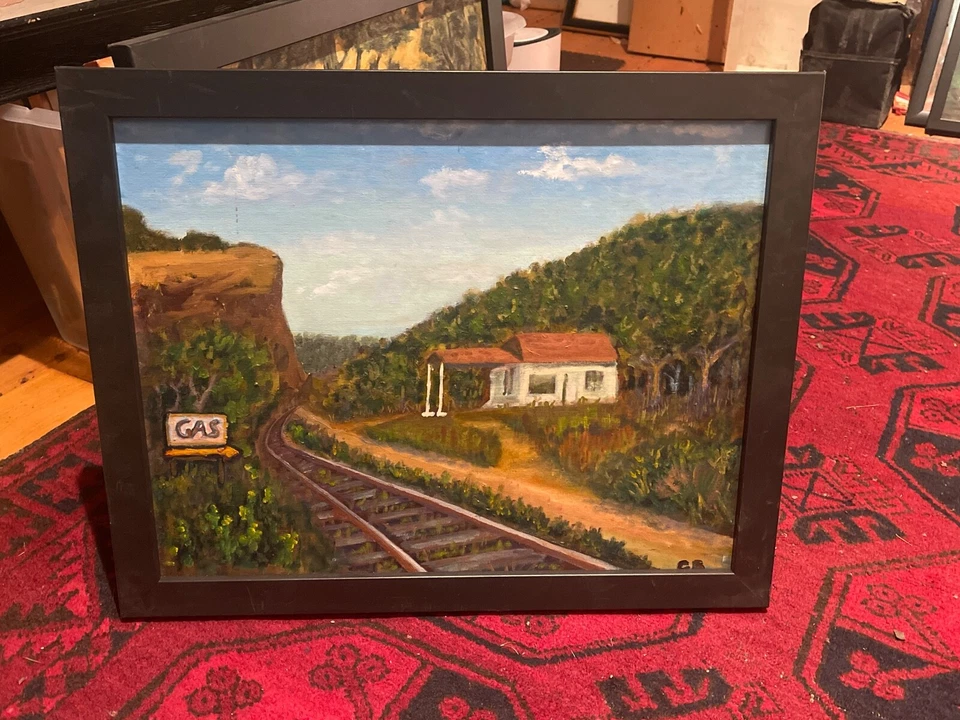 Óleo sobre lienzo antigua gasolinera por vías férreas en Virginia Occidental original Foto 1 de 1