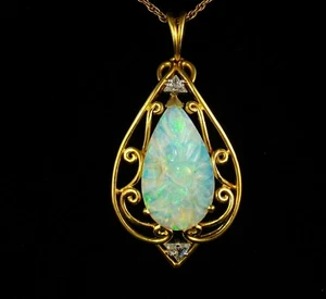 HAMMERMAN VINTAGE CARVED NATURAL 5.25ct AUSTRALIAN OPAL DIAMOND 18K GOLD PENDANT - Picture 1 of 9