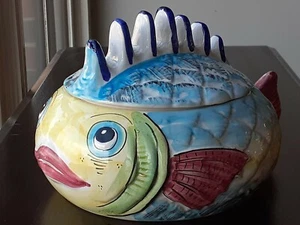 Great ITALIAN Art Pottery FISH Figural COVERED SERVING BOWL TUREEN w/ LID Italy - Picture 1 of 12