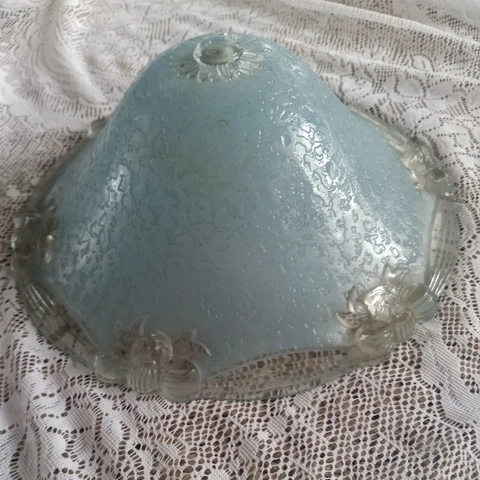 ANTIQUE Blue 12"  glass shade Deep 5" ceiling light VTG fixture 1930s 1940s bows Cover
