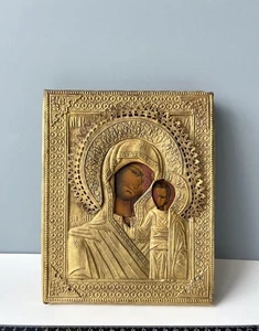 Antike Kasaner Jungfrau Maria Ikone 8,7 Zoll 19. Jahrhundert russische orthodoxe religiöse Kunst - Bild 1 von 4