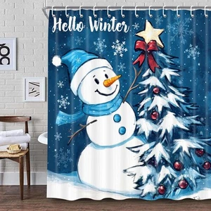 Christmas Winter Snowman Shower Curtain Blue for Bathroom - Cute Snowflake Ch... - Picture 1 of 7