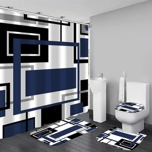 4 Pcs Blue Geometric Shower Curtain Sets with 12 Hooks Non-Slip Rugs U-Shaped... - Picture 1 of 7