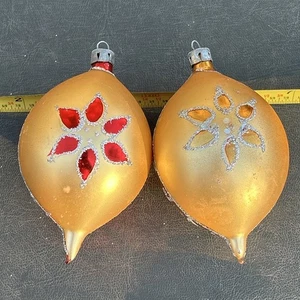 2 VTG 4” HANDPAINT GOLD MERCURY GLASS TEARDROP CHRISTMAS ORNAMENTS POLAND? - Picture 1 of 14