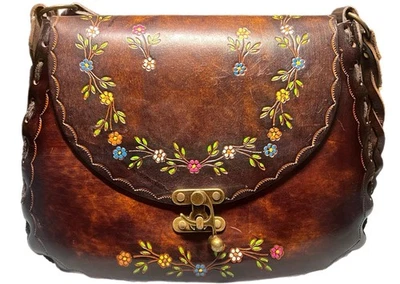 Vintage 1970's Handmade Hand Tooled Brown Leather Handbag With Original Tags - Image 1 of 4