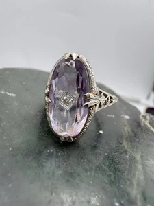 14k Gold Filigree Elongate Amethyst White Gold Ring - Picture 1 of 11