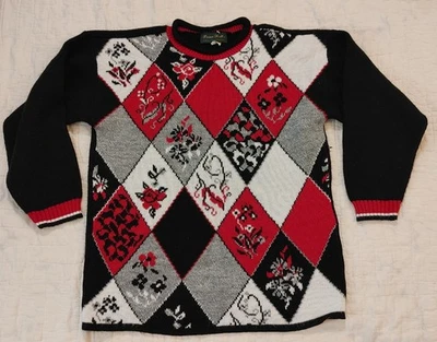 Suéter Acrílico Vintage Años 80 Dana Scott Mujer Pequeño EE. UU. Negro Rojo Blanco Diamante Foto 1 de 4