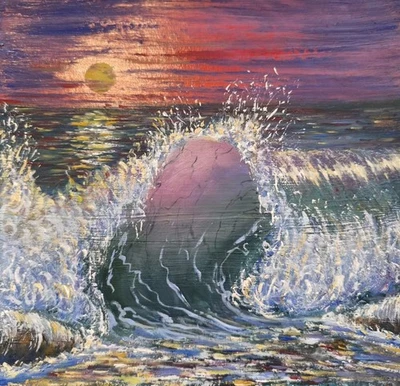 Obra de Arte Original Moderna Pintura al Aceite Paisaje 19x19 OLAS Paisaje Marino Artes Firmado Foto 1 de 4