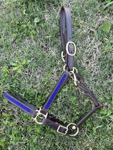 Leaders 1" Navy Blue Crystal Brown Leather Halter for Horse Size - Picture 1 of 7