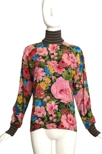 UNGARO- 1980s Floral Print Silk & Knit  Blouse, Size 8 - Picture 1 of 5