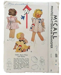 1939 McCall Sewing Pattern 681 Childs Apron Dress & Panties Sz 1 20 Breast 7113 - Picture 1 of 2