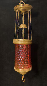 Antique Victorian Parlor Hanging Oil Lamp Cranberry Shade Electrified Pull Down 