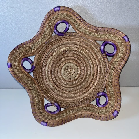Handmade Mexican Pine Needle Basket Hand Woven Purple Decor Coiled Wavy Edge Cover