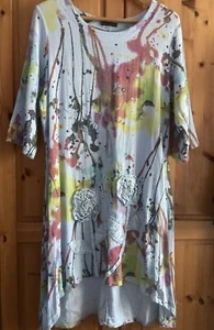 Quirky Hippie Cotton Dress Free Size Paint Splash Front Flowers Multicolour - Picture 1 of 8