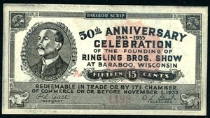 Ringling Bros. Show at Baraboo, Wisconsin 50th Anniversary Scrip - 15 Cents - Picture 1 of 2