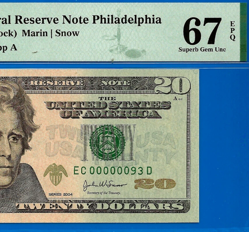 2004 $20 Federal Reserve Note PMG 67EPQ wanted birthday low serial number 93 - Image 1 of 3