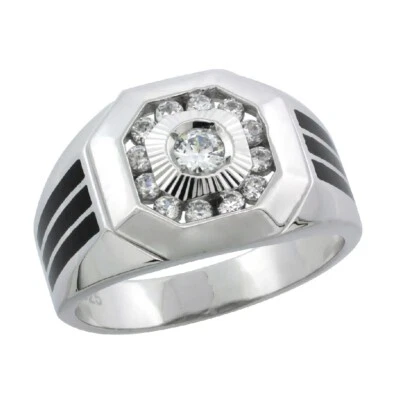 Argento Sterling Uomo Onice Nera Righe Ottagono Anello W/Zircone Cubico Pietre - Immagine 1 di 2